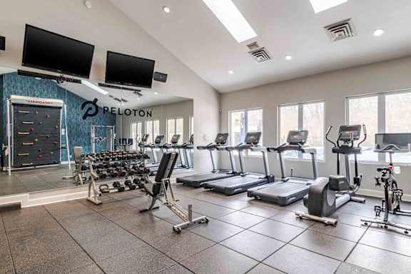 A Peloton gym with treadmills, stationary bikes, and weight machines.
