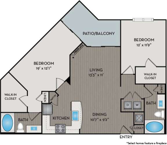 A floor plan of a home with a living room, two bedrooms, a patio/balcony, a dining area, a kitchen, and two bathrooms.