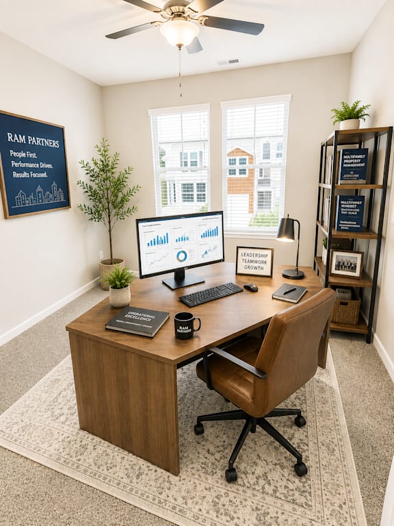 A room with a desk, chair, and computer monitor.
