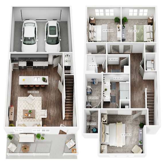 A series of images showing different layouts of a house with a car parked in the driveway.