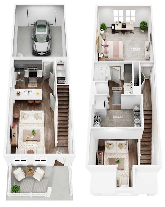 Two floor plan images of a house with a car parked in the garage.