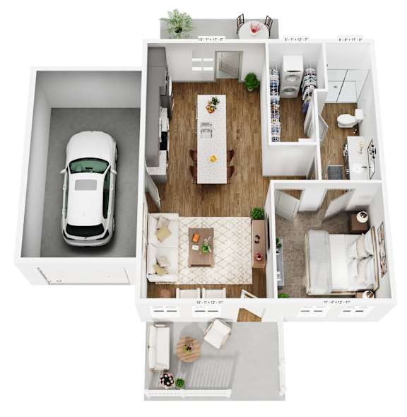 A white car is parked in a garage.