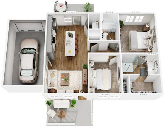 A top down view of a house with a car parked in the driveway.