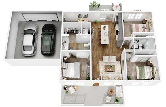 A top-down view of a house with a kitchen, living room, and two cars parked in the garage.