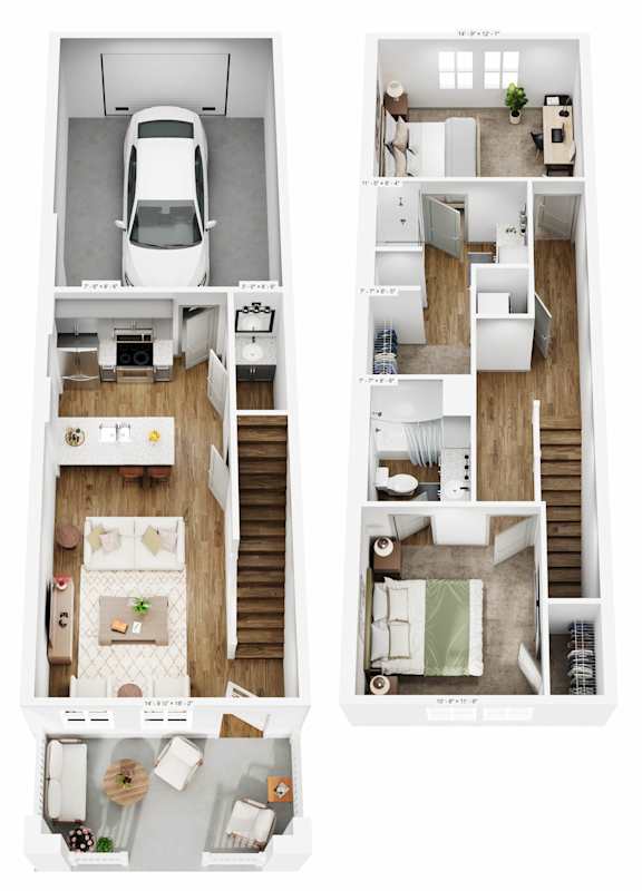 A floor plan of a two-bedroom apartment with a garage.
