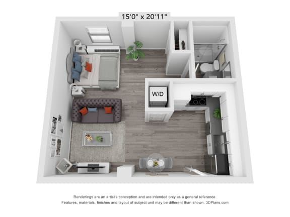 a bedroom with a bed and a dresser in a room