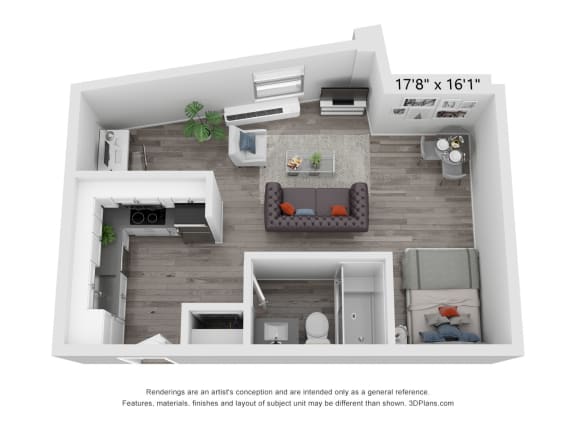 a bedroom with a bed and a chair in a room