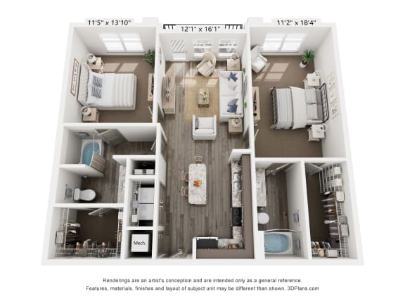 a 3 bedroom floorplan is shown in this simulated floor plan rendering