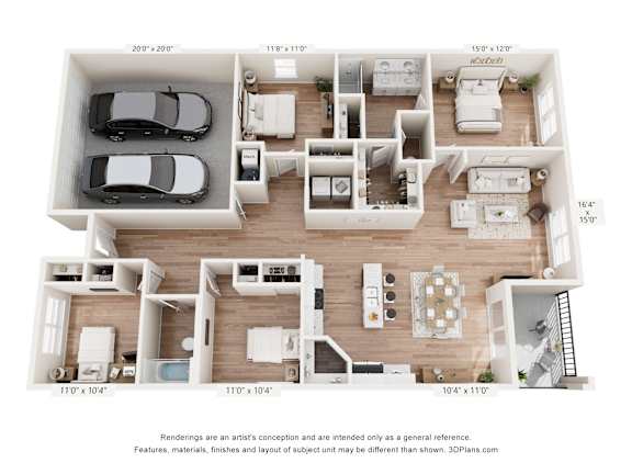 A 3D floor plan of a house with a garage and a car.