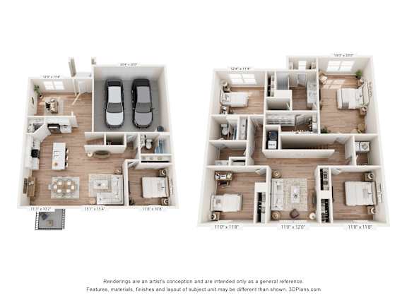 Two floor plan images of a house with dimensions and furniture layout.