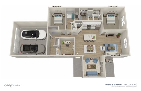 a floor plan of a two story apartment with a car in the garage  at The Villas at Maplewood, Parma Heights, OH