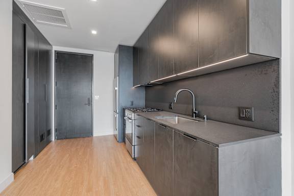 B3 - Kitchen with dark finishes and stainless steel appliances