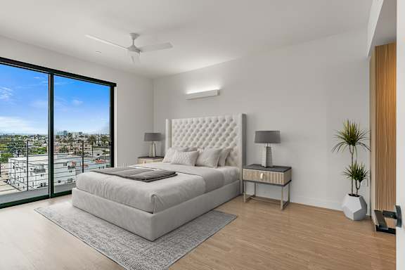D - Bedroom with private balcony and ceiling fan