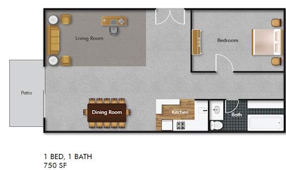 Floor Plan  A floor plan of a one bedroom, one bath apartment.