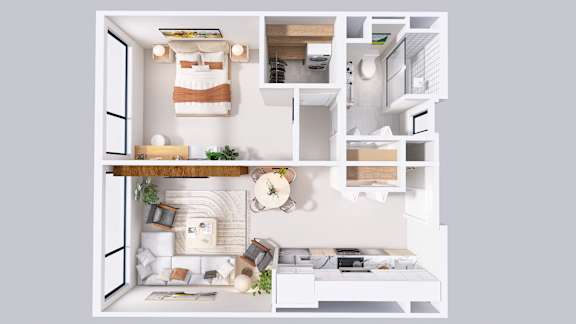 A modern, white-themed apartment with a kitchen, living room, and bedroom.