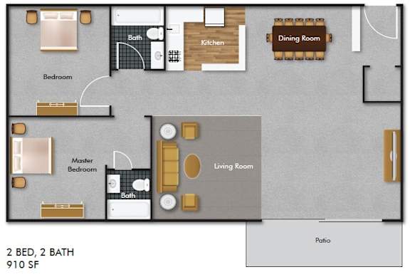 Floor Plan  A floor plan of a 2 bedroom, 2 bath house with a living room and kitchen.