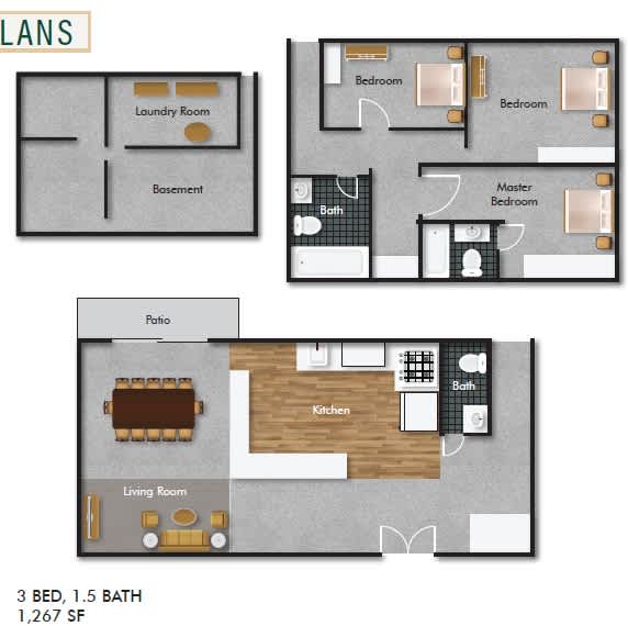 Floor Plan  A floor plan of a 3 bedroom, 1.5 bathroom apartment with a total of 1,267 square feet.