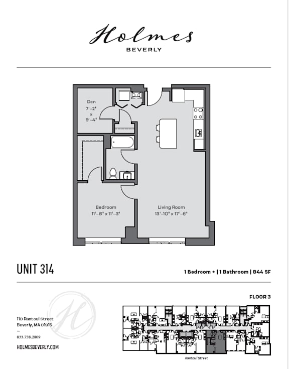 A floor plan for a Holmes Beverly apartment unit 314 with a bedroom, living room, and bathroom.