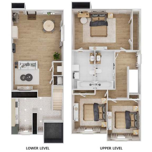 Floor Plan  A floor plan of a two-level apartment with labeled sections.
