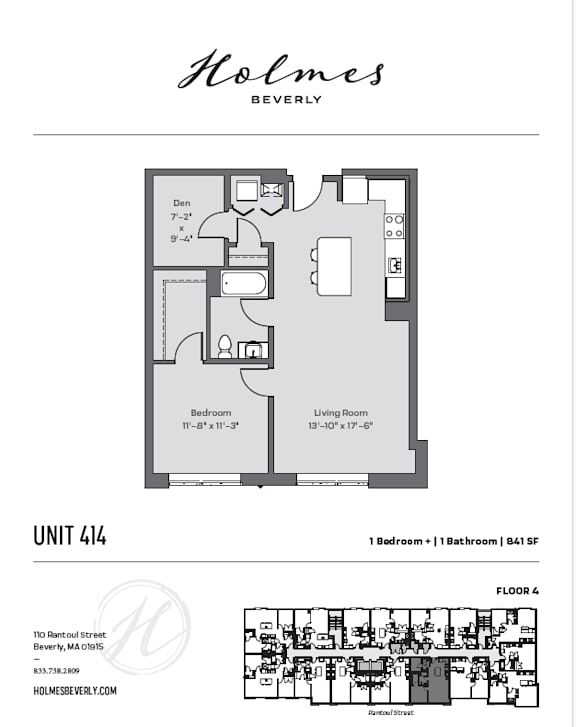 A floor plan for a Holmes Beverly apartment unit, showing a bedroom, living room, and bathroom.