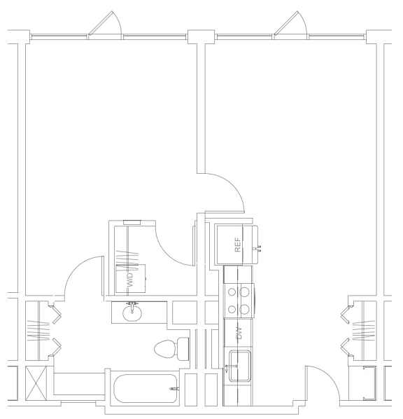A black and white architectural floor plan shows a layout with a rectangular room, a square room, and a circular object.