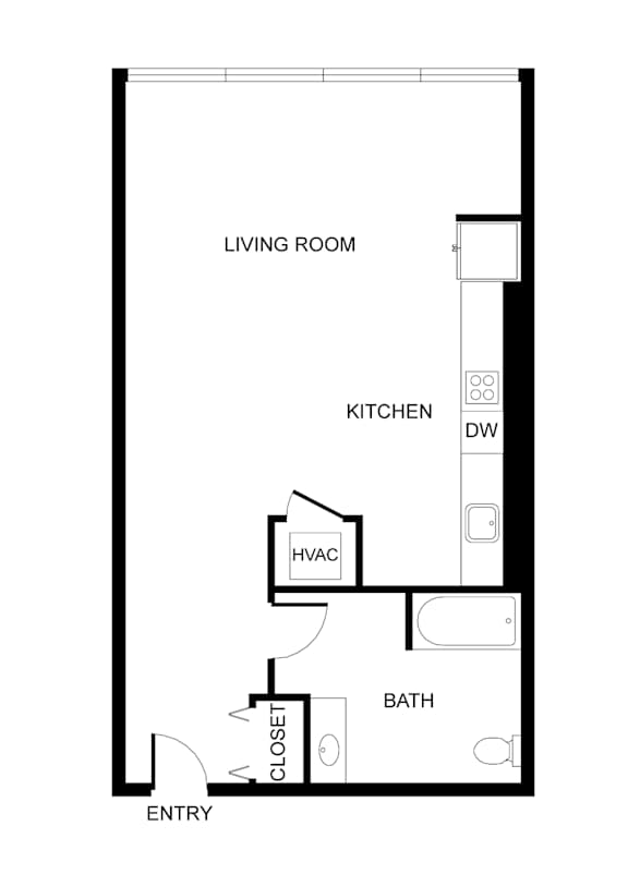 A floor plan of a small apartment with a living room, kitchen, bathroom, and entry.