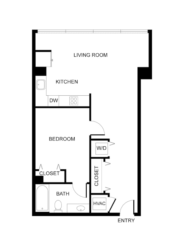 A floor plan of a small apartment with a living room, kitchen, bedroom, bathroom and closet.