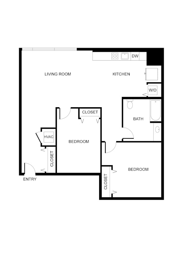 A floor plan of a home with two bedrooms, a living room, a kitchen, and a bathroom.