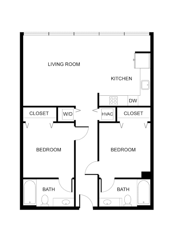 A floor plan of a house with two bedrooms, a living room, a kitchen, two bathrooms, and two closets.