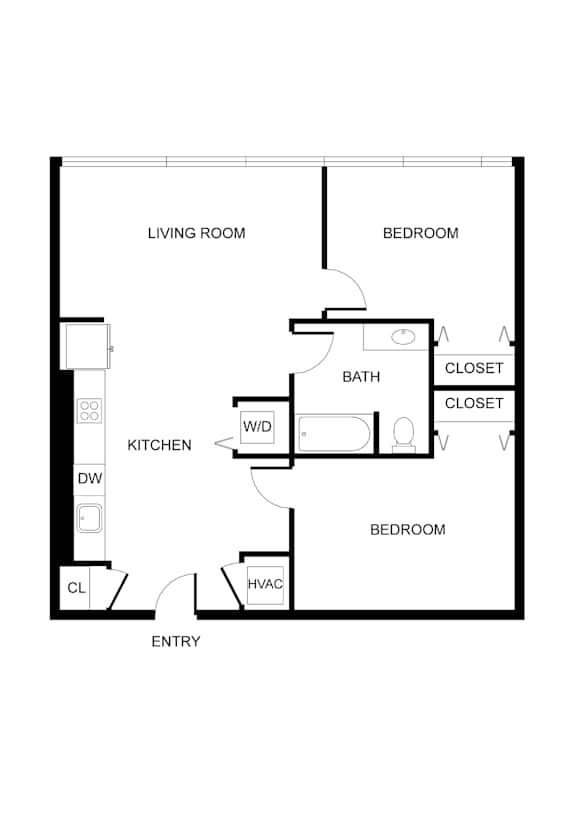 A floor plan of a small apartment with a living room, kitchen, bathroom and two bedrooms.