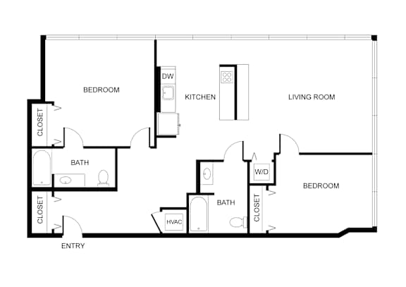 A floor plan of a house with a living room, two bedrooms, a kitchen, a bathroom, and an entry.