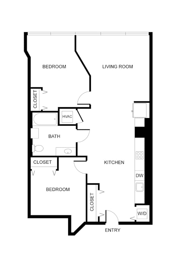 A floor plan of a home with two bedrooms, a living room, a kitchen, a bath, and an entry.