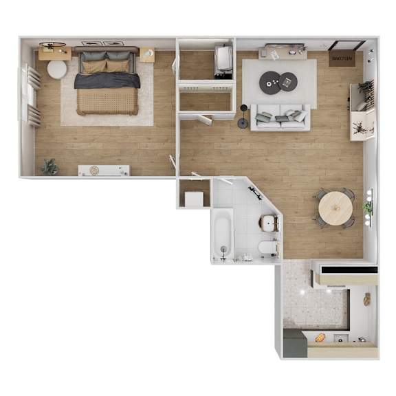 Floor Plan  A top down view of a small apartment with a bedroom, living room, kitchen, and bathroom.
