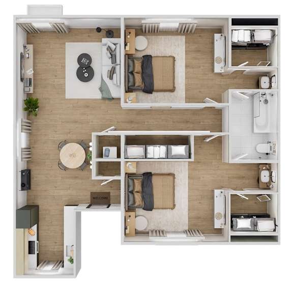 A top-down view of a modern apartment layout with a kitchen, living room, and bathroom.