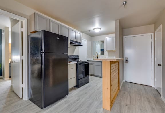 an empty kitchen with a black refrigerator and a black stove