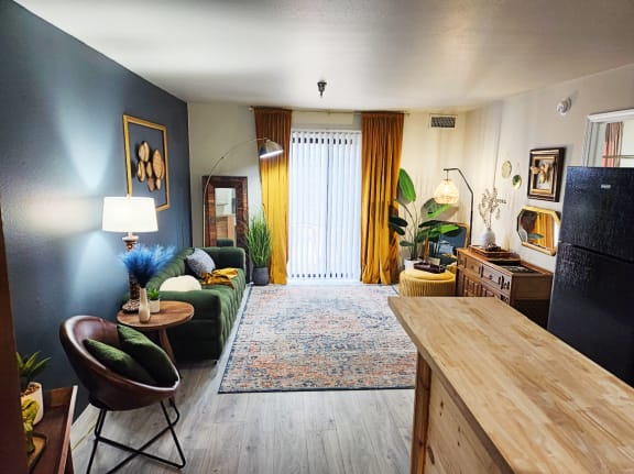a living room with a couch and a table
