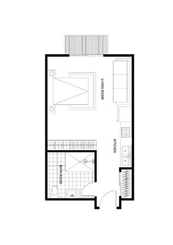 The Lodge Studio 2D floor plan at The Lodge Apartments, Oklahoma