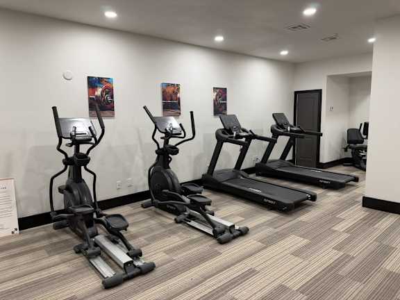 A gym with treadmills, elliptical machines, and a weight bench.