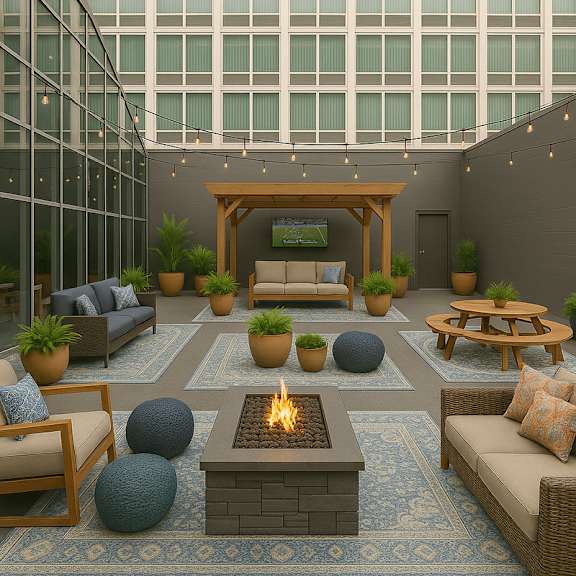 A modern outdoor patio with a fire pit and seating area.