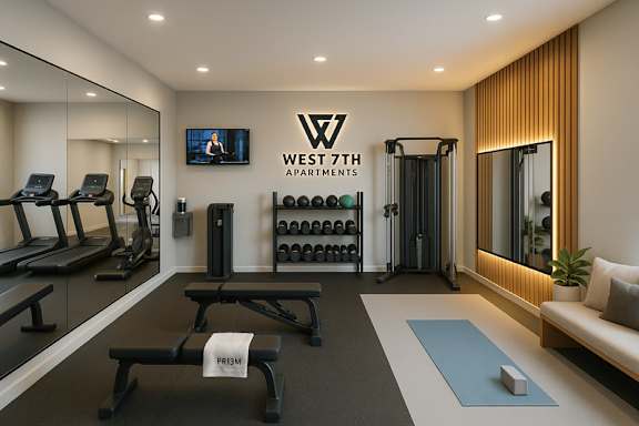 A gym with treadmills, weights, and a flat screen TV.