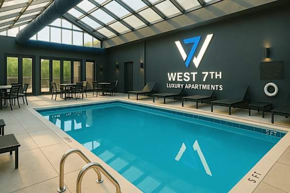 A swimming pool inside a luxury apartment building.
