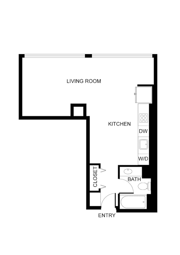 A floor plan of a small apartment with a living room, kitchen, bathroom, and entry.