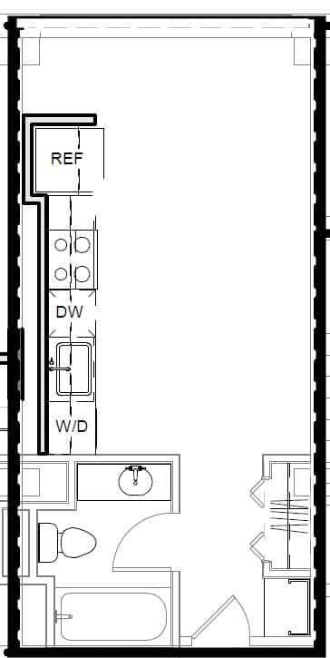 A drawing of a floor plan of a room with furniture and appliances.