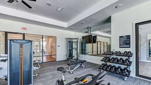 A gym with a variety of equipment including weights and a treadmill.