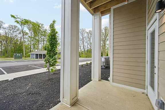 A view from a doorway looking out to a parking lot and trees.