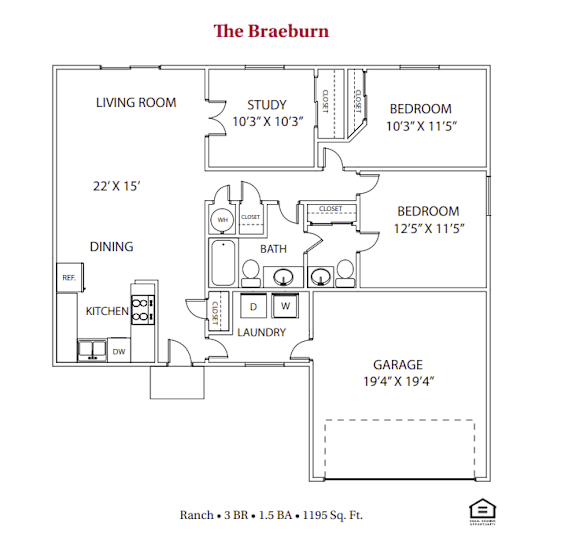 Cabot's Mill floor plan for The Braeburn, showing 3 bedroom 1.5 bathroom