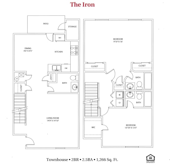A floor plan for a townhouse with 2 bedrooms, 2 baths, and a living room.