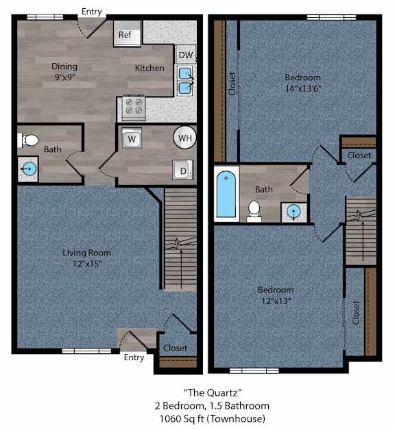 A floor plan of a small apartment with two bedrooms and a living room.