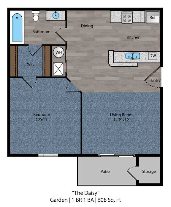 Floor Plan  The Daisy 1 Bed 1 Bath Floor Plan at Bayside Apartment Homes, Hilliard, OH, 43026