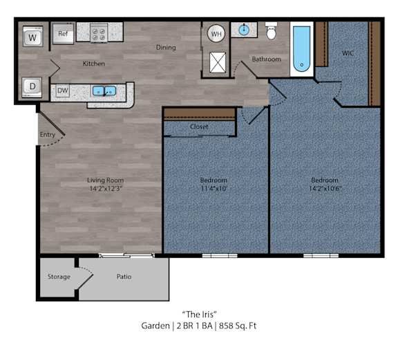 Floor Plan  The Iris - 2 Bed 1 Bath Floor Plan at Bayside Apartment Homes, Hilliard, OH